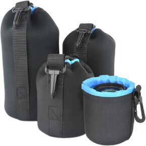 Foto&Tech 4 Pieces 5mm Extra Thick Neoprene Lens Bag Pouch with Adjustable Drawstring and Swivel Clip Compatible with DSLR SLR Camera Lenses (S, M, L, XL)