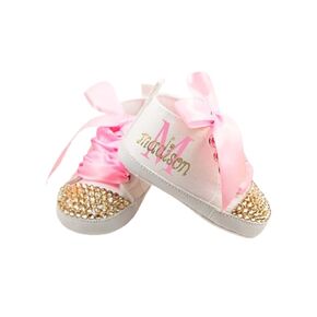 Personalized Pink Gold Baby Girl Shoes, Custom Infant Girl Shoes First Birthday Girl Outfit (4.3“（3-6months）)