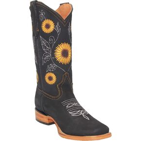 Women’s Cowgirl Cowboy Square Toe Leather Boots Sunflower Embroidered