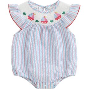 Newborn Baby Girl Outfit Octopus/Crab/Seahorse Stripe Sleeveless Smocked Bubble Romper Infant Bodysuit Summer Clothes