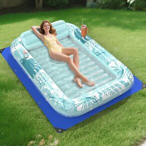 Inflatable Tanning Pool Lounger Float with Protection Tarp, 70" x 46" Pool Floats Adult with Pillow, 6 in 1 Suntan Tub Raft Floatie, Sunbathing Water Bed Lounge Blow Up Kids Ball Pit Party Gifts-Blue