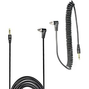 Foto&Tech 3.5 mm to Male Flash PC Sync Cable, 16 FT/5 Meter with Screw Lock + 3.5 mm to Male Flash PC Sync Cable, 14 Inch Coiled Cord with Screw Lock