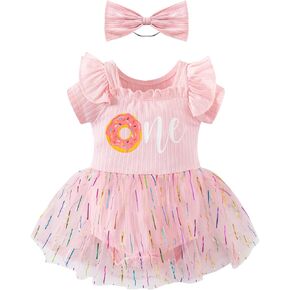 bakjuno Baby Girl 1st Birthday Clothes One Year Old Tulle Romper Short Sleeve Bodysuit Cake Smash Outfits