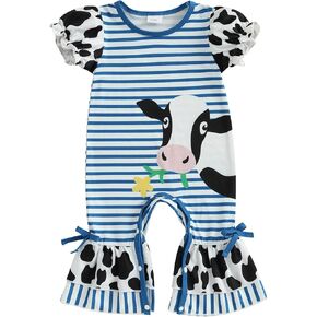 Newborn Baby Girl Western Cowgirl Jumpsuit Summer Outfit Infant Short Sleeve Cow Print Smocked Romper Clothes