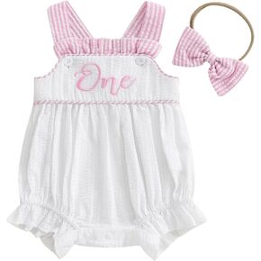 Baby Girls 1st Birthday Clothes One Year Old Embroidery Bubble Romper with Headband First Birthday Cake Smash Outfit