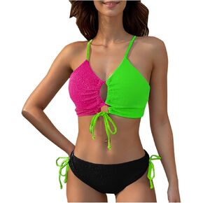 Womens Swimsuits 2 Piece Sets Spaghetti Strap Keyhole Tanks Side Drawstring Low Waist Bottoms Swimwear Beachwear