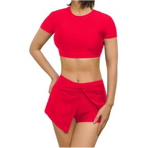 Women's Swimsuit Two Piece Sets Short Sleeve Crop Tanks Flowy Shorts 2 in 1 Mini Skirts Shorts Full Coverage Swimwear