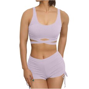 Womens Swimsuit Two Piece Sets High Waisted Tummy Control Wrap Strappy Tanks Full Coverage Shorts Swimwear Beachwear