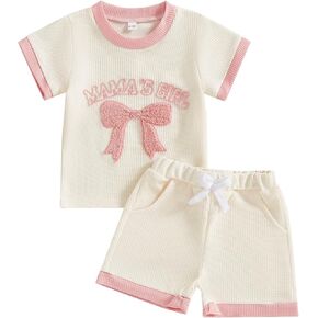 Toddler Girl Clothes Baby Summer Matching Outfits Bow Embroidery Short Sleeve Shirt Infant Waffle Shorts Set
