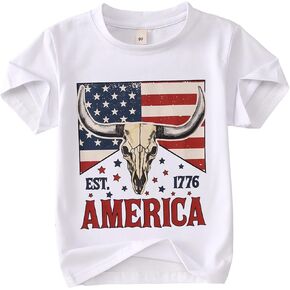 BOUTIKOME 4th of July Shirts for Toddler Boy Girl Western America Flag Est 1776 T-Shirt Cow Bull Skull Tee Kid Patriotic Tops