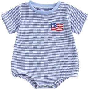 Newborn Baby Boy 4th Of July Outfit Flag Stripe Short Sleeve Waffle Bubble Romper Infant Bodysuit Patriotic Clothes
