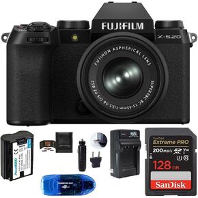 تشمل الكاميرا الرقمية Fujifilm X-S20 مع حزمة عدسة 15-45 مم ،: Sandisk 128GB Extreme Pro SDXC CARDAY ، بطارية احتياطية وأكثر (6 عناصر)