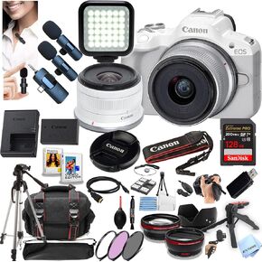 كاميرا Canon EOS R50 بدون مرآة مع عدسة 18-45 ملم + ذاكرة 128 جيجابايت ، ميكروفونات لافالييه اللاسلكية اللاسلكية ، العدسات ، المرشحات ، العلبة ، ثلاثي القوائم ، فلاش ، البرمجيات ، والمزيد (حزمة منشئ المحتوى) (أبيض) (متجدد)