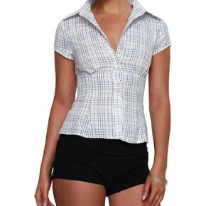 Women Slim Fit Collar Plaid Shirt, Casual Short Y2k Vintage Button Down Plaid Blouse, V Neck Preppy Crop Top Shirt