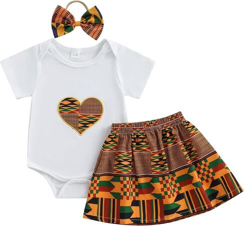 Toddler Baby Girl Dashiki Ankara Clothes Short Sleeve Heart Embroidery Romper Elastic Waist African Skirt Set 3Pcs in Saudi Arabia