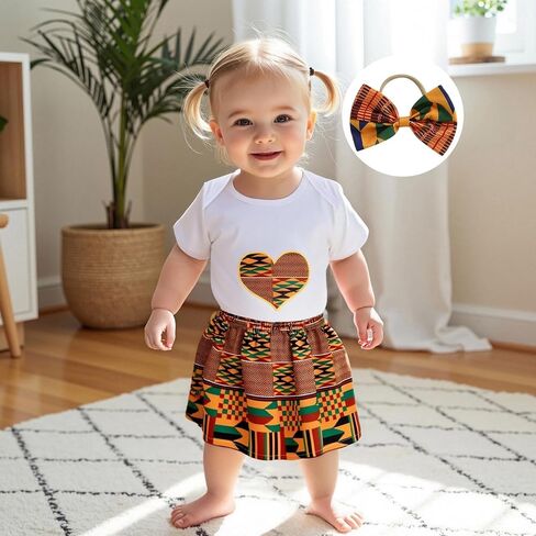 Toddler Baby Girl Dashiki Ankara Clothes Short Sleeve Heart Embroidery Romper Elastic Waist African Skirt Set 3Pcs in Saudi Arabia