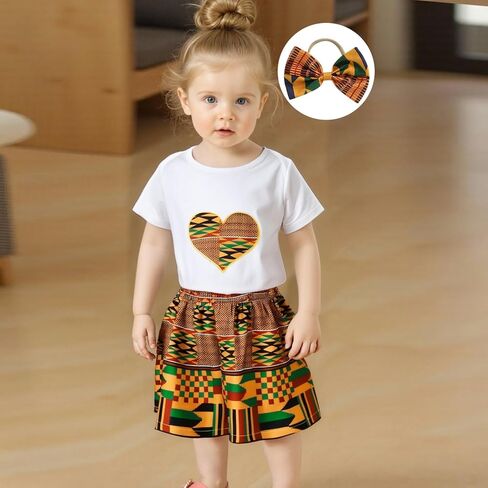 Toddler Baby Girl Dashiki Ankara Clothes Short Sleeve Heart Embroidery Romper Elastic Waist African Skirt Set 3Pcs in Saudi Arabia