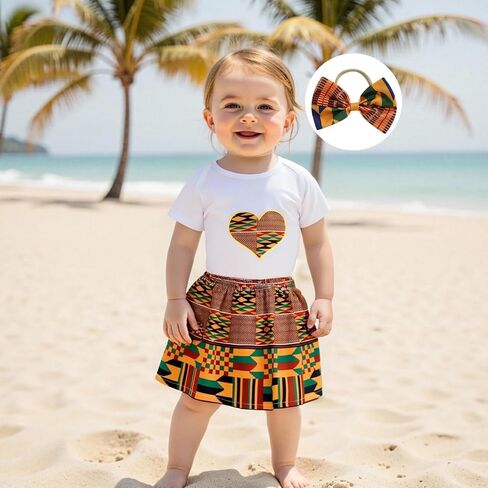 Toddler Baby Girl Dashiki Ankara Clothes Short Sleeve Heart Embroidery Romper Elastic Waist African Skirt Set 3Pcs in Saudi Arabia