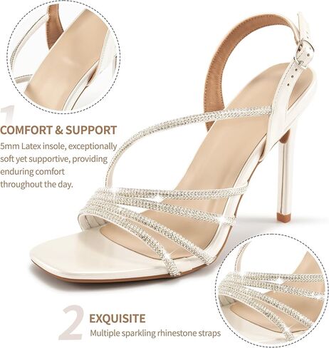 HARENCE Heels for Women Stilettos Sandals: Square Open Toe Strappy High Heeled Ankle Strap Rhinestone Dress Shoes for Wedding Prom Party Bridesmaid in Kuwait