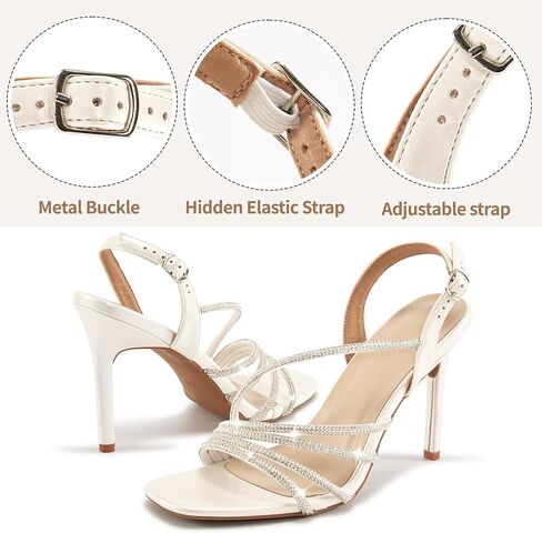 HARENCE Heels for Women Stilettos Sandals: Square Open Toe Strappy High Heeled Ankle Strap Rhinestone Dress Shoes for Wedding Prom Party Bridesmaid in Kuwait