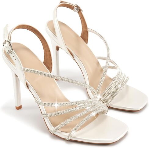 HARENCE Heels for Women Stilettos Sandals: Square Open Toe Strappy High Heeled Ankle Strap Rhinestone Dress Shoes for Wedding Prom Party Bridesmaid in Kuwait