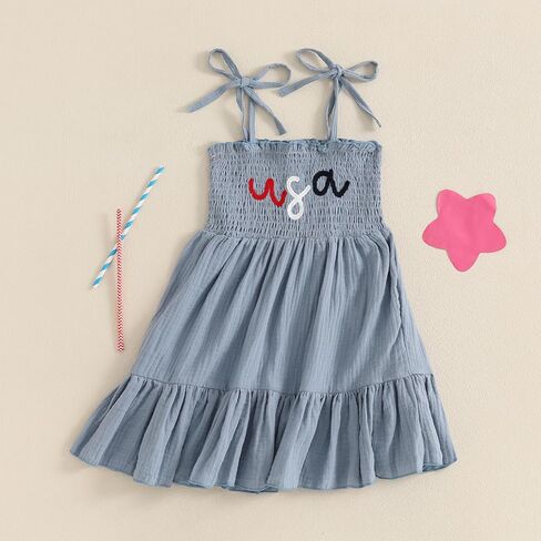 4th of July Toddler Baby Girl Outfit Sleeveless Tie Smocked Halter Dress Sundress Kids A-Line Dress Patriotic Clothes in Saudi Arabia