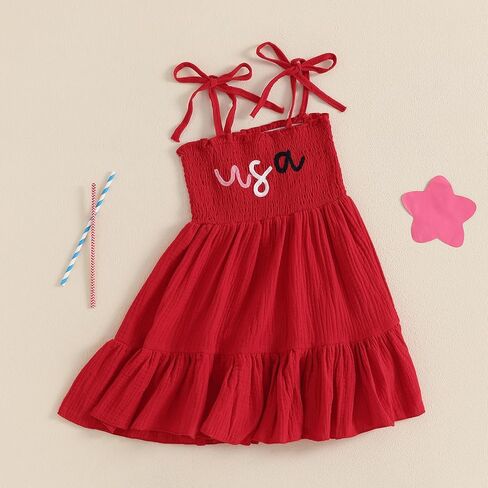 4th of July Toddler Baby Girl Outfit Sleeveless Tie Smocked Halter Dress Sundress Kids A-Line Dress Patriotic Clothes in Saudi Arabia