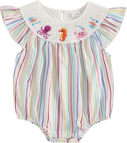 Newborn Baby Girl Outfit Octopus/Crab/Seahorse Stripe Sleeveless Smocked Bubble Romper Infant Bodysuit Summer Clothes in Saudi Arabia