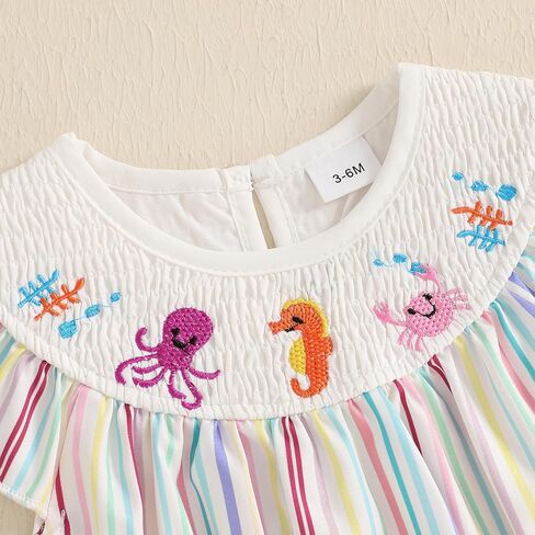 Newborn Baby Girl Outfit Octopus/Crab/Seahorse Stripe Sleeveless Smocked Bubble Romper Infant Bodysuit Summer Clothes in Saudi Arabia