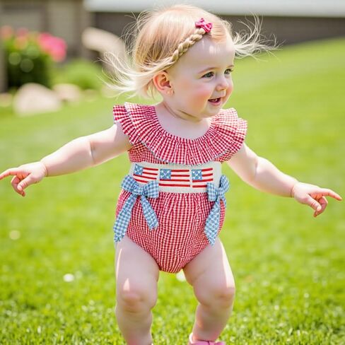 ZyHwShine Baby Girl 4th of July Outfit Fourth of July Romper Onesie American Flag Smocked Bodysuit Independence Day Clothes in Saudi Arabia
