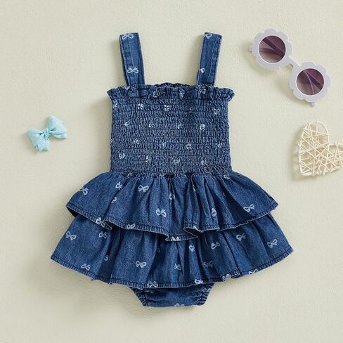 Baby Girls Summer Denim Romper Dress Clothes Newborn Ruffle Hem Sunsuit One Piece Jumpsuits Outfits in Saudi Arabia