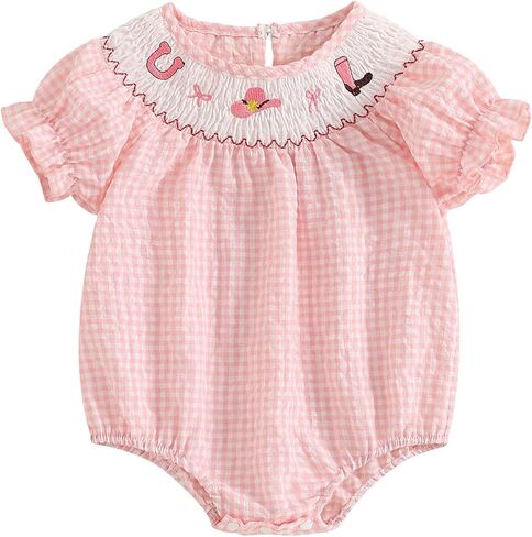 Toddler Baby Girl Summer Clothes Cowgirl Embroidery Smocked Romper Puff Short Sleeve Bubble Onesie Western Outfits in Saudi Arabia