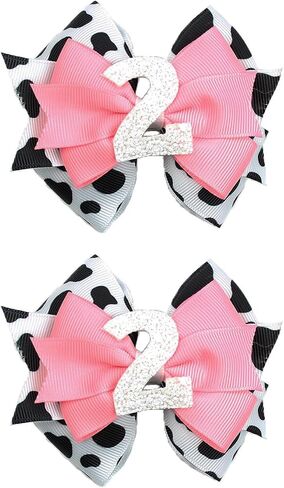 Birthday Hair Clips for Baby Girls - 2Pc Cow Print Bow with White Number Hair Clips for 2nd Birthday Baby Bow Party Decorations for Girls Toddlers Hair Accessories (Cow Print -2 Years) in Saudi Arabia
