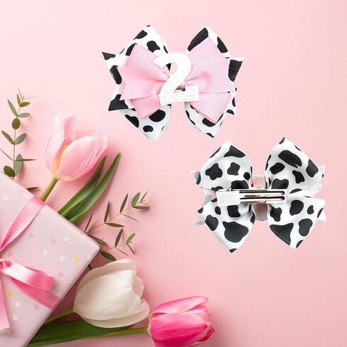 Birthday Hair Clips for Baby Girls - 2Pc Cow Print Bow with White Number Hair Clips for 2nd Birthday Baby Bow Party Decorations for Girls Toddlers Hair Accessories (Cow Print -2 Years) in Saudi Arabia