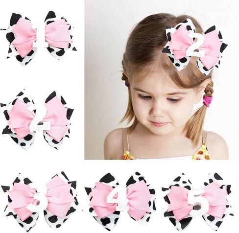 Birthday Hair Clips for Baby Girls - 2Pc Cow Print Bow with White Number Hair Clips for 2nd Birthday Baby Bow Party Decorations for Girls Toddlers Hair Accessories (Cow Print -2 Years) in Saudi Arabia