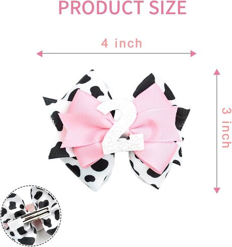 Birthday Hair Clips for Baby Girls - 2Pc Cow Print Bow with White Number Hair Clips for 2nd Birthday Baby Bow Party Decorations for Girls Toddlers Hair Accessories (Cow Print -2 Years) in Saudi Arabia