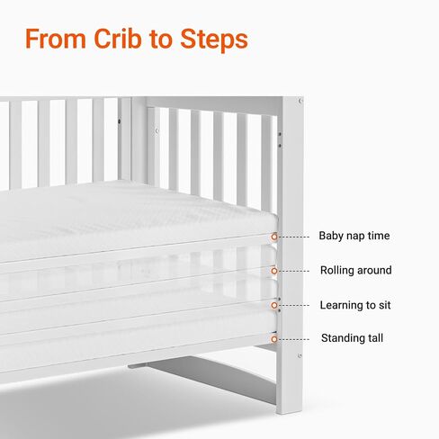 EvoNest Baby Crib, 6 in 1 Convertible Mini Crib with Wheels, 100% New Zealand Pinewood Growing Bed, 4 Adjustable Mattress Height， White in Saudi Arabia