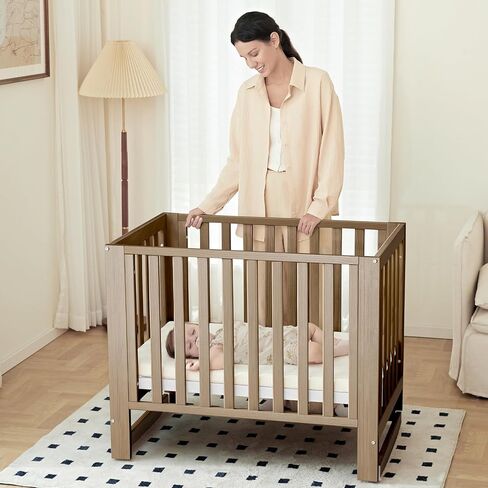 EvoNest Baby Crib, 6 in 1 Convertible Mini Crib with Wheels, 100% New Zealand Pinewood Growing Bed, 4 Adjustable Mattress Height， White in Kuwait