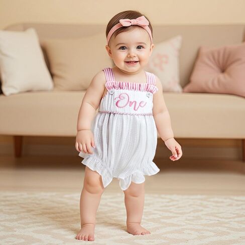 Baby Girls 1st Birthday Clothes One Year Old Embroidery Bubble Romper with Headband First Birthday Cake Smash Outfit in Saudi Arabia
