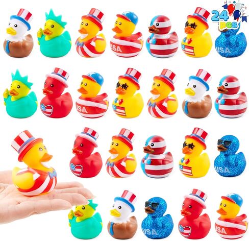 JOYIN 24 Pcs Patriotic Rubber Ducks, 2.6" Red White Blue 4th of July Bulk Ducks with 8 Designs, Independence Day Duck with Flag Prints, Patriotic Party Favor Gift Bath Toy Supply for Kids Toddlers in Kuwait