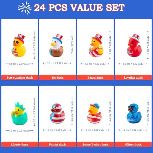 JOYIN 24 Pcs Patriotic Rubber Ducks, 2.6" Red White Blue 4th of July Bulk Ducks with 8 Designs, Independence Day Duck with Flag Prints, Patriotic Party Favor Gift Bath Toy Supply for Kids Toddlers in Kuwait