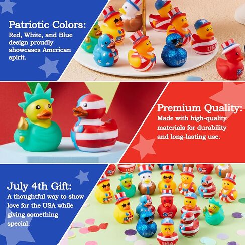 JOYIN 24 Pcs Patriotic Rubber Ducks, 2.6" Red White Blue 4th of July Bulk Ducks with 8 Designs, Independence Day Duck with Flag Prints, Patriotic Party Favor Gift Bath Toy Supply for Kids Toddlers in Kuwait