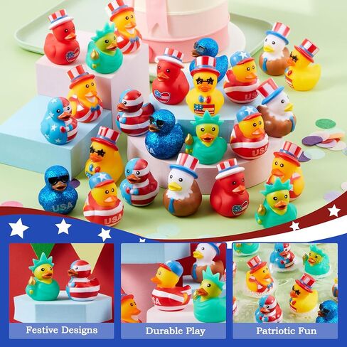 JOYIN 24 Pcs Patriotic Rubber Ducks, 2.6" Red White Blue 4th of July Bulk Ducks with 8 Designs, Independence Day Duck with Flag Prints, Patriotic Party Favor Gift Bath Toy Supply for Kids Toddlers in Kuwait