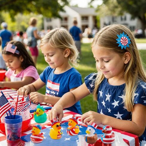 JOYIN 24 Pcs Patriotic Rubber Ducks, 2.6" Red White Blue 4th of July Bulk Ducks with 8 Designs, Independence Day Duck with Flag Prints, Patriotic Party Favor Gift Bath Toy Supply for Kids Toddlers in Kuwait