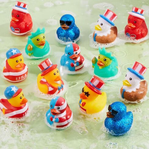 JOYIN 24 Pcs Patriotic Rubber Ducks, 2.6" Red White Blue 4th of July Bulk Ducks with 8 Designs, Independence Day Duck with Flag Prints, Patriotic Party Favor Gift Bath Toy Supply for Kids Toddlers in Kuwait