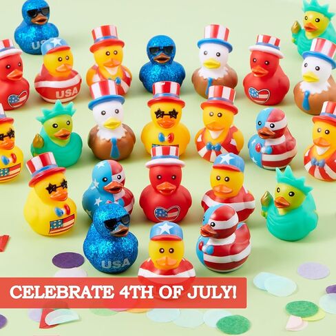 JOYIN 24 Pcs Patriotic Rubber Ducks, 2.6" Red White Blue 4th of July Bulk Ducks with 8 Designs, Independence Day Duck with Flag Prints, Patriotic Party Favor Gift Bath Toy Supply for Kids Toddlers in Kuwait