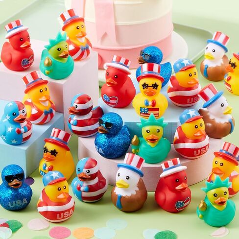 JOYIN 24 Pcs Patriotic Rubber Ducks, 2.6" Red White Blue 4th of July Bulk Ducks with 8 Designs, Independence Day Duck with Flag Prints, Patriotic Party Favor Gift Bath Toy Supply for Kids Toddlers in Kuwait