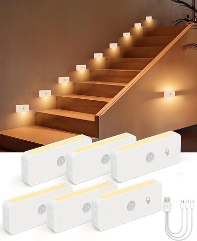 Yiliaw Motion Sensor Night Lights Indoor - Rechargeable Stick-On Stair Lights with Wireless Magnetic Mount, Adjustable Brightness & 3 Color Temps for Hallway, Stairway, Bathroom, Closet (6-Pack) in Saudi Arabia