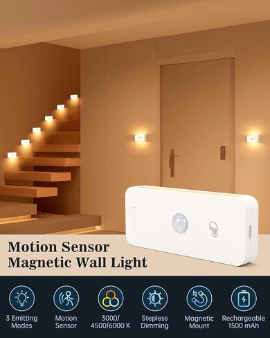 Yiliaw Motion Sensor Night Lights Indoor - Rechargeable Stick-On Stair Lights with Wireless Magnetic Mount, Adjustable Brightness & 3 Color Temps for Hallway, Stairway, Bathroom, Closet (6-Pack) in Saudi Arabia