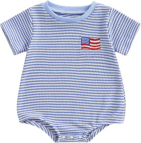 Newborn Baby Boy 4th Of July Outfit Flag Stripe Short Sleeve Waffle Bubble Romper Infant Bodysuit Patriotic Clothes in Saudi Arabia